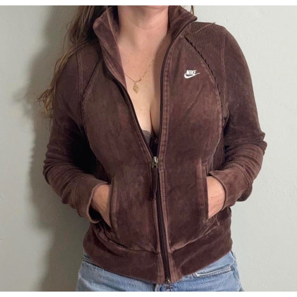 Vintage‎ Nike Womens Brown Velour Full Zip Track Jacket Textured Panels Small